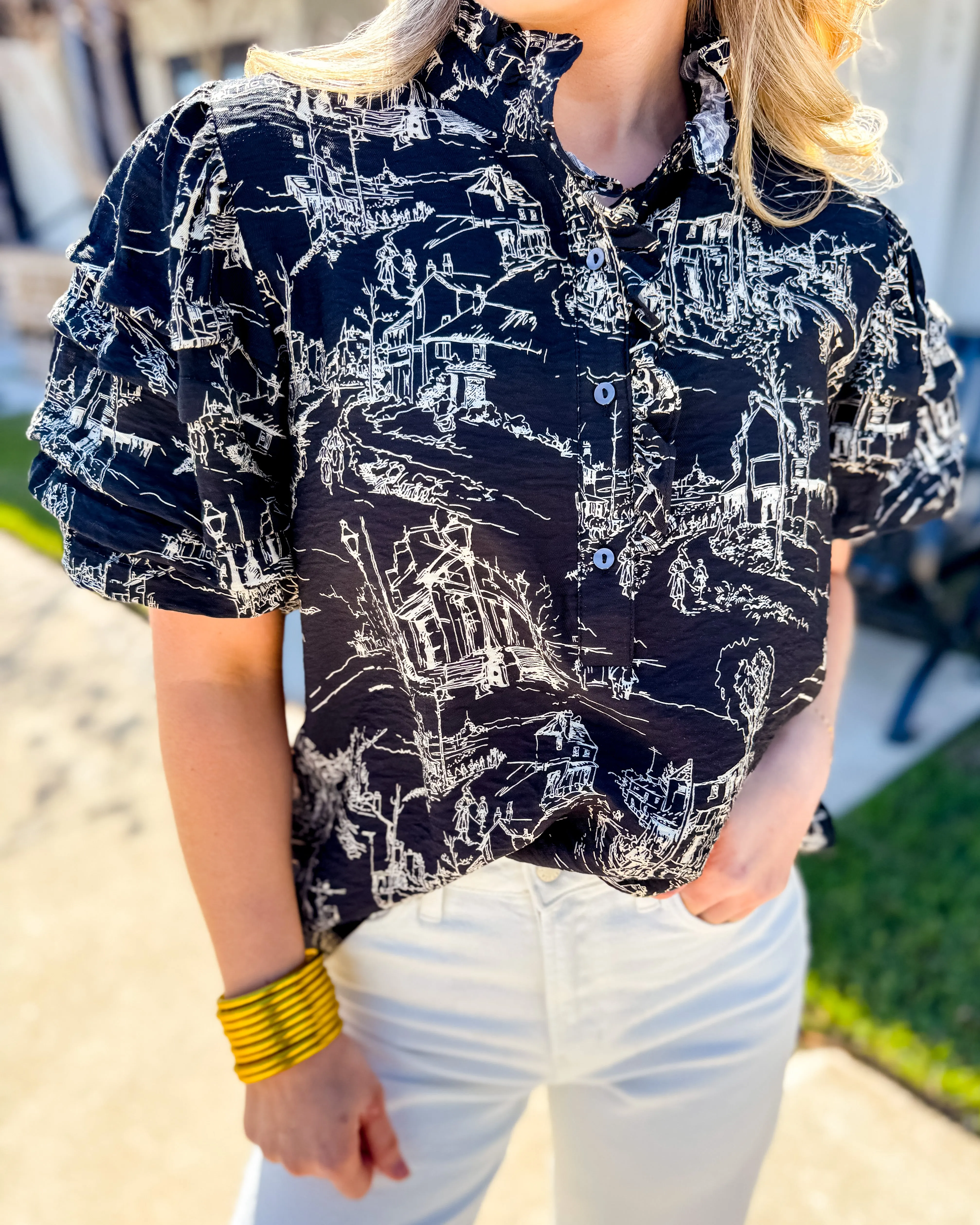 Printed Pintuck Short Sleeve Top
