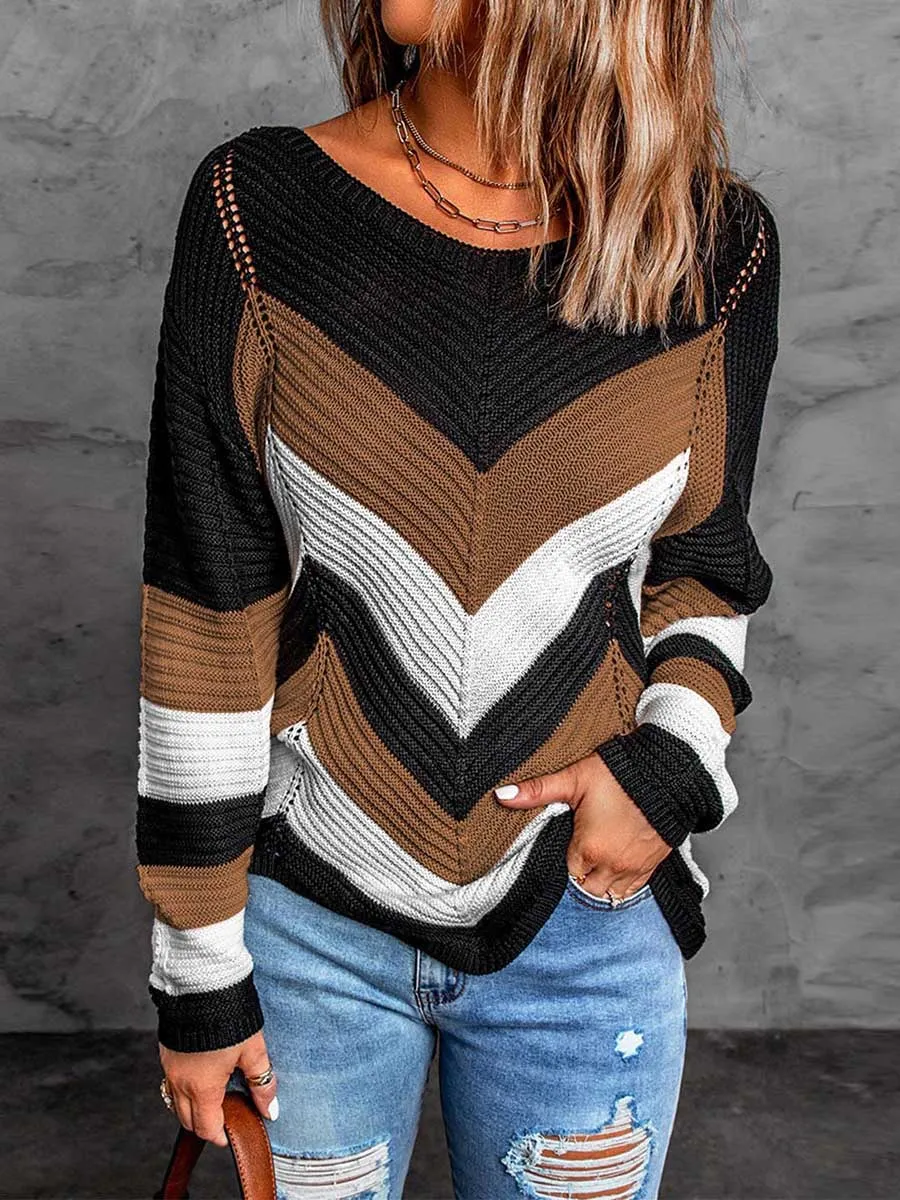 Stunncal Casual Sweet Geometric Patchwork O Neck Sweaters(7 Colors)